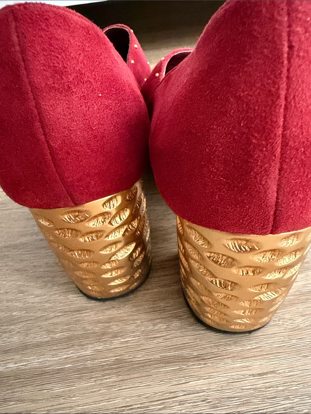 Prada Red Suede Mary Jane Heels with Gold Studs and Sculpted Heel - Picture 4 of 13